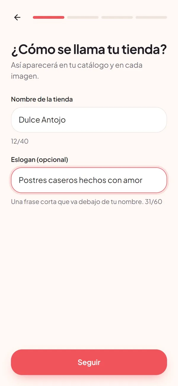 Captura real de Vende Fácil: su tienda (nombre, eslogan y whatsapp)