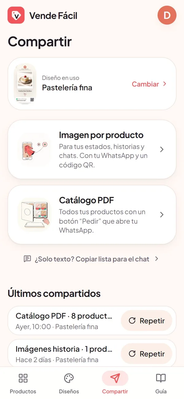 Captura real de Vende Fácil: compartir (imagen, catálogo o lista)