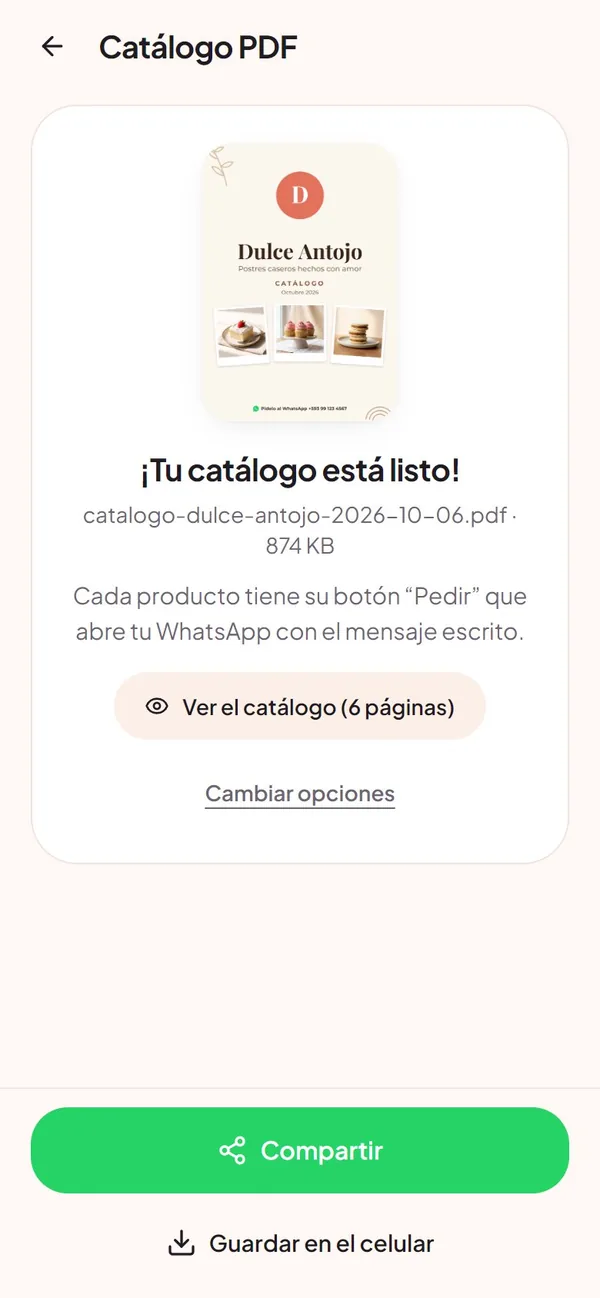 Captura real de Vende Fácil: catálogo listo (con «pedir» en cada producto)