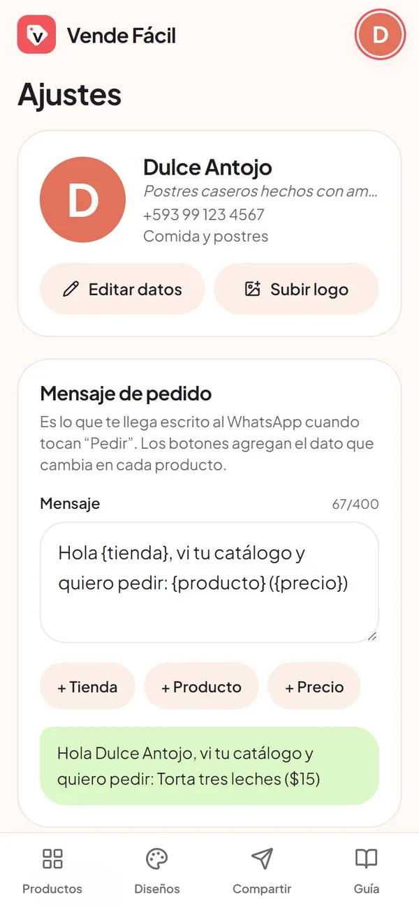 Captura real de Vende Fácil: mensaje de pedido (así le llega cada pedido)
