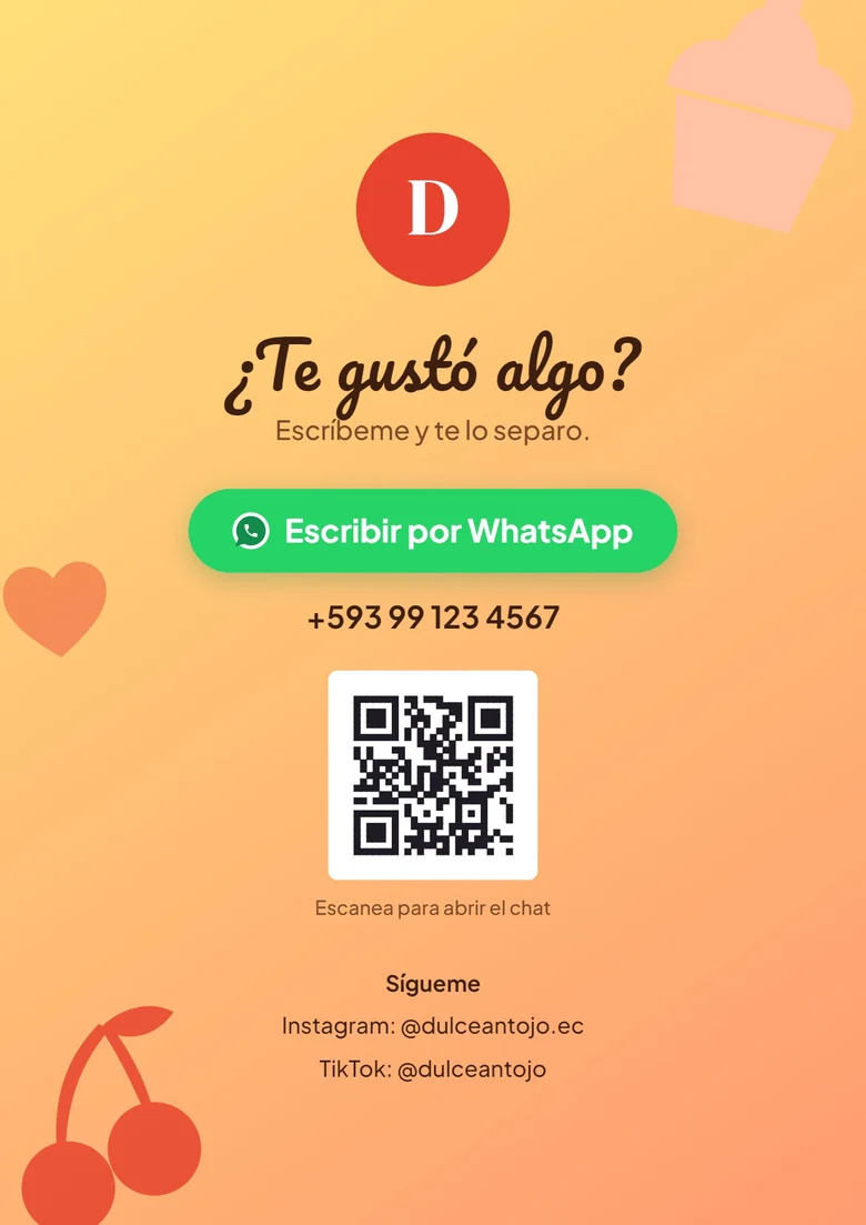 Resultado real: última página del catálogo con botón para escribir por WhatsApp y código QR