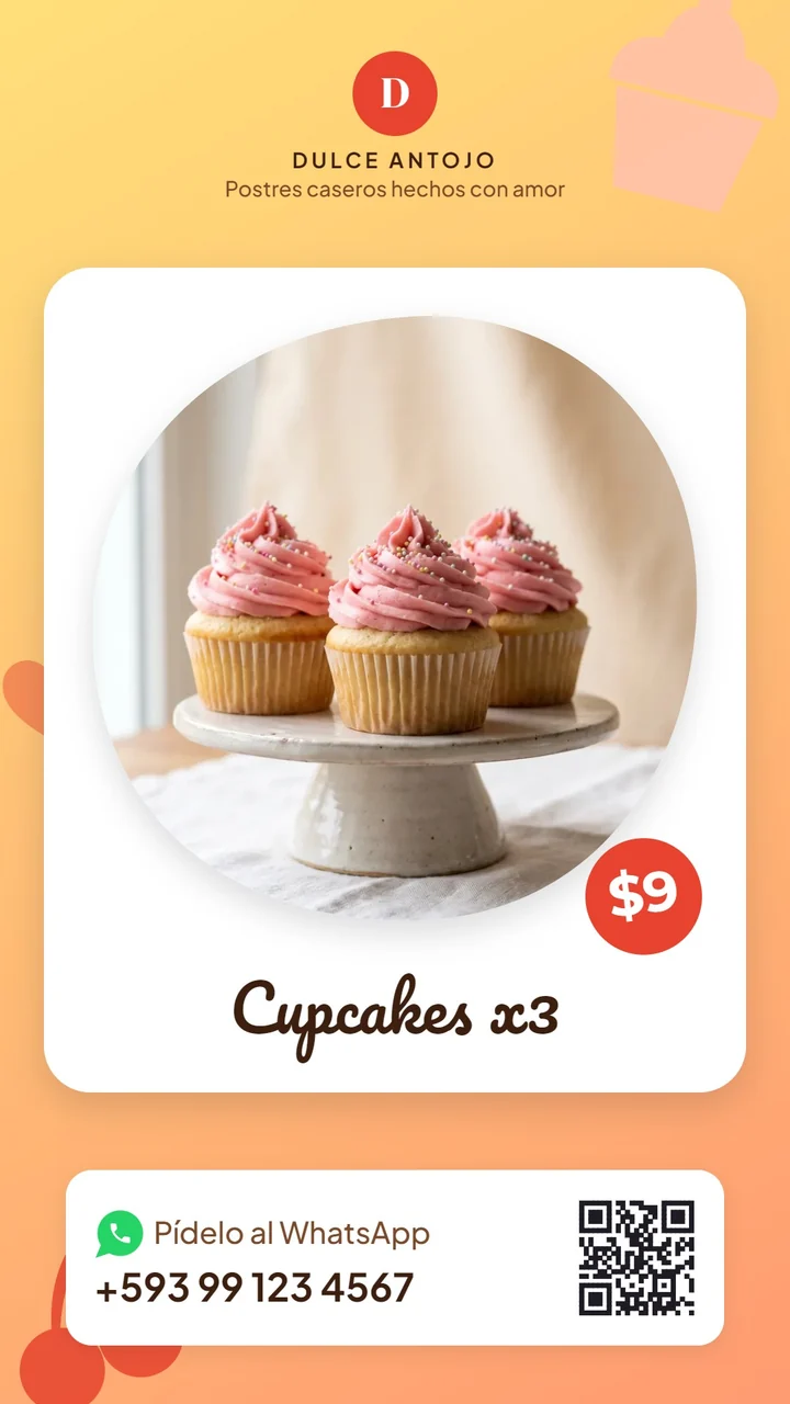 Resultado real: imagen para historia de los Cupcakes x3, con precio, WhatsApp y código QR