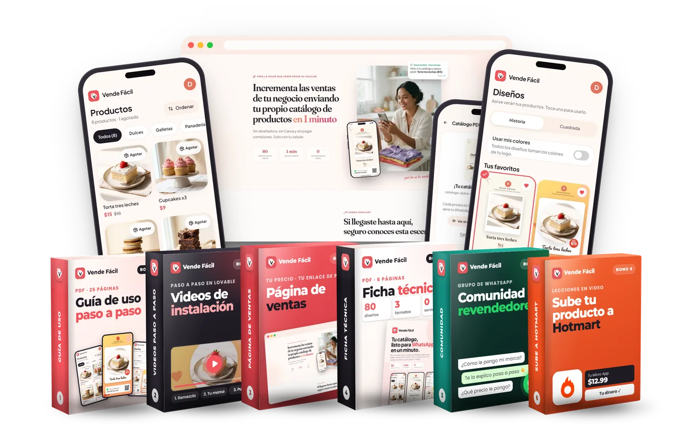 Todo lo que recibes: la Micro App Vende Fácil, su página de ventas, el catálogo impreso y los 6 bonos